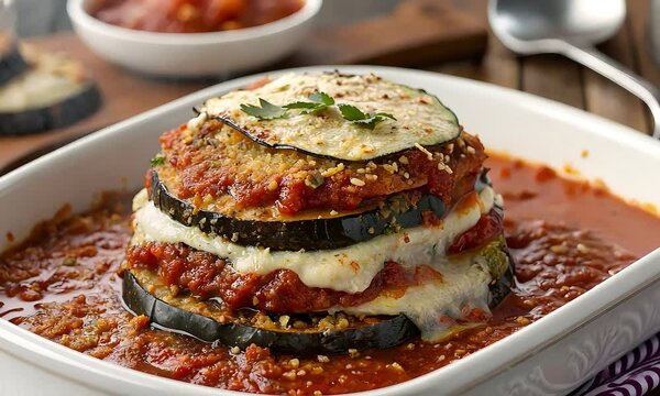  Classic Eggplant Parmigiana with Golden Breadcrumbs and Melted Cheese, Oven-Baked Eggplant Parmigiana with Marinara Sauce and Cheese
