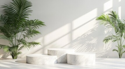 Fototapeta premium Modern Minimalist Interior with Marble Stands and Palm Leaves
