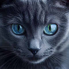Gray cat gazing forward, eyes reflecting bright blue and green tones.