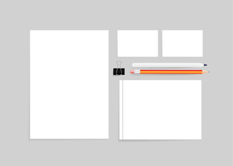 Office stationery vector set mock up on a gray background. Business card, notebook, letter A4, pencil, pen.	