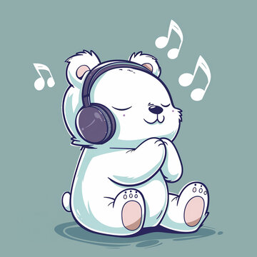 recommend clip art: Cute teddy bear listening to music, wearing headphones, eyes closed from enjoyment