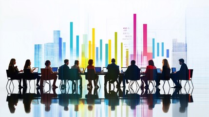 A diverse group of business representatives from various nations engaged in a collaborative discussion around a modern conference table. Laptops and digital displays show detailed economic graphs