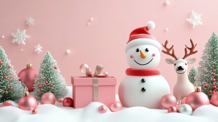 Fototapeta premium Festive Christmas Scene with Snowman and Reindeer