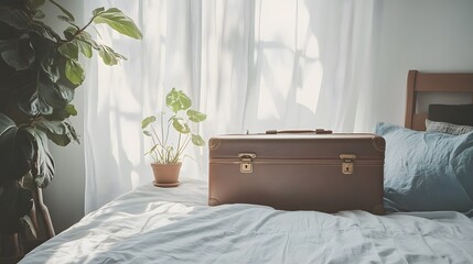 Vintage Suitcase Rests On Bed Near Plants And Window