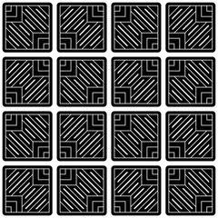 Seamless black and white geometric pattern consisting of striped symmetrical square shapes, creating a modern and abstract look. Suitable for backgrounds, textiles and various graphic design projects.