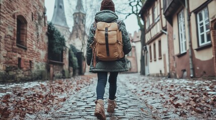 Person walking down cobblestone street with backpack on an overcast day.