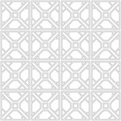 Seamless geometric pattern consisting of symmetrical abstract square shapes in a grid layout. Suitable for backdrops, textiles and various graphic design projects.