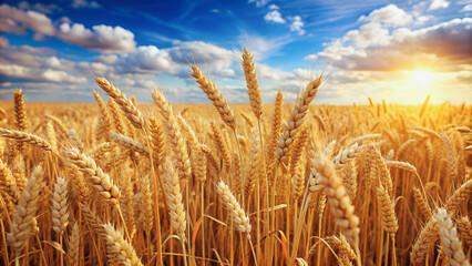 Fototapeta premium A field of ripe wheat, bathed in the warm glow of the setting sun.Abundant golden wheat, swaying gently in the breeze, a peaceful scene.