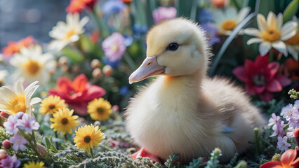 A fluffy yellow duckling nestled amidst a vibrant array of flowers.Close-up view of a duckling, showcasing its soft down and the surrounding flowers.