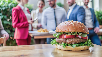 A juicy burger sits on a wooden table, amidst a group of business professionals enjoying a casual lunch break.The aroma of grilled meat and fresh vegetables fills the air as a group enjoys a casual lu