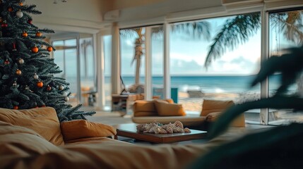 coastal-themed living room decor: seashell-decorated christmas tree and ocean views - perfect poster for beach-inspired interior spaces