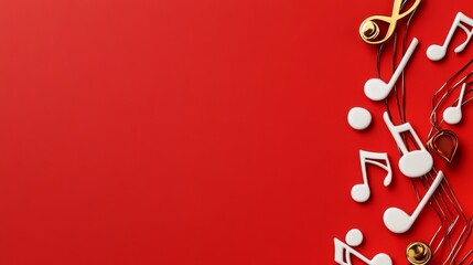 Fototapeta premium Musical Notes on Red Background - Abstract music concept, red backdrop, white notes, gold accents, festive design, copy space.
