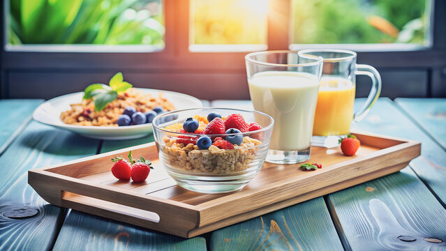 A vibrant breakfast spread, bursting with fresh berries and crunchy granola, sits on a wooden tray, bathed in sunlight.Morning light dances on a wooden tray filled with a wholesome breakfast of granol