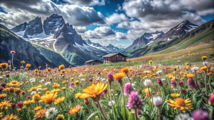 Alpine wildflowers carpet the hillside, a tapestry of color beneath towering peaks.The scene is a breathtaking display of wildflowers, with rustic mountain huts nestled amidst the vibrant landscape.
