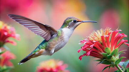 Fototapeta premium Close-up of a hummingbird in flight, showcasing its intricate plumage and delicate features.The hummingbird's swift flight is captured as it sips nectar from a bright red flower. 