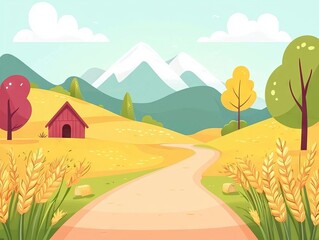 Obraz premium A serene landscape with mountains, a path, and colorful trees.