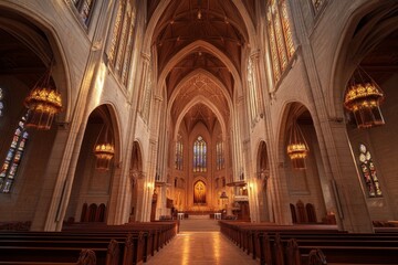Majestic Church Interior with Stained Glass Windows