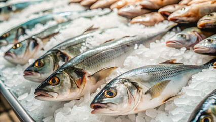Freshly caught fish, glistening on a bed of ice, ready for preparation.A market display of various fish, chilled and awaiting purchase.
