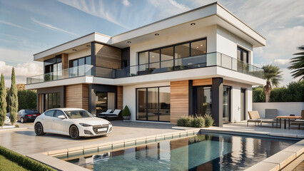 Fototapeta premium Modern luxury home with a private pool and ample outdoor space.Modern villa with a contemporary design, featuring a large pool and ample parking.