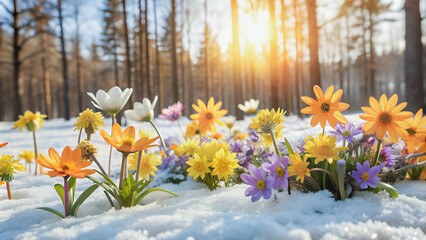Obraz premium Sunlight filters through the trees, illuminating a carpet of colorful flowers in the snow.Nature's artistry-delicate flowers blooming in the snow-covered forest.