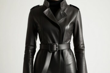 Belted black leather coat, long sleeves.