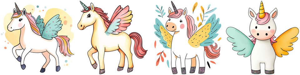 Unicorn magic and playful, Colorful illustrations of whimsical unicorns with wings, featuring various designs and expressions, evoking a sense of fantasy and playfulness.