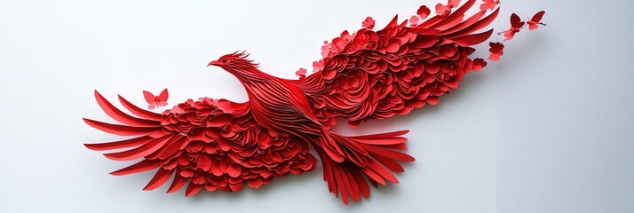 A large, intricate red paper cutout of a phoenix in flight, displayed against a crisp white background