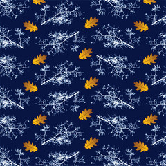 Seamless pattern with branches of tree. Tree branches on a dark blue background. Vector illustration