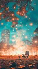 Obraz premium A serene park scene at night with glowing lights and a lone chair.