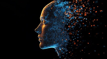 Digital face of human created using glowing particles in darkness photo