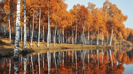Autumn birch forest reflected in calm water.