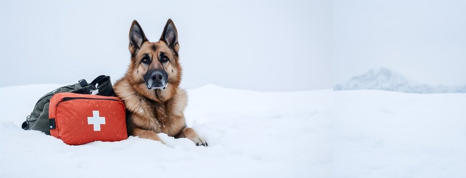 German Shepherd rescue dog with first aid kit in snow, winter safety concept for emergency services and pet care organizations. Ideal for rescue training programs, professional service animal markeng