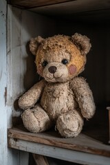 Obraz premium Dusty, worn teddy bear sits on shelf.