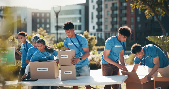 Nature, people and group of volunteers with help, goals and donations at charity event in park. Non profit, boxes and NGO startup outdoor in field for community service project in collaboration.