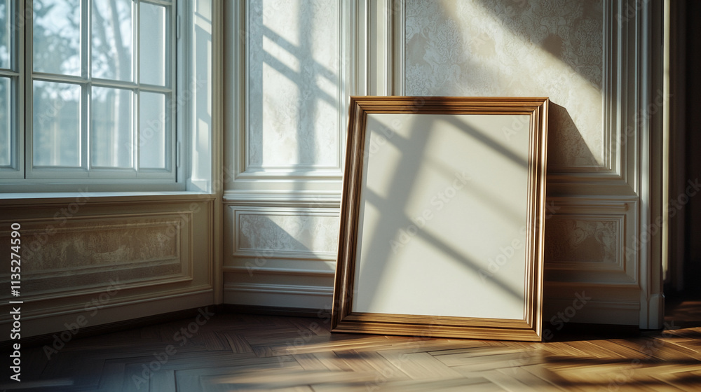 Poster empty frame rests against the wall in a sunlit room with large windows showcasing beautiful shadows