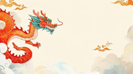 Obraz premium Chinese dragon flying among the clouds, flat illustration style, simple background