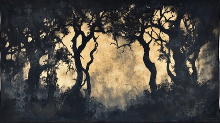 Dark trees silhouetted against gold-toned sky.