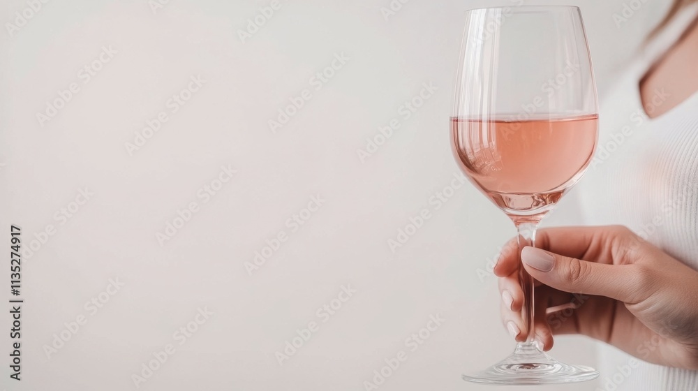 Poster Elegant hand holding a glass of rose wine against a neutral backdrop