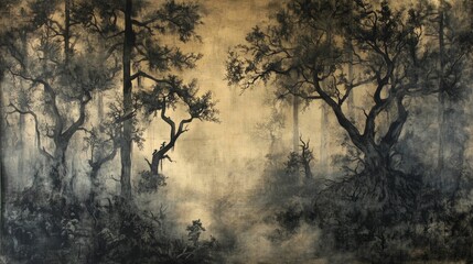 Dark trees, misty forest, muted tones,  peaceful atmosphere.