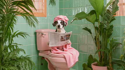 Fototapeta na wymiar Dog sitting on toilet reading newspaper in vibrant bathroom with plants