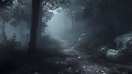 Enchanting autumn pathway draped in vibrant leaves and morning mist