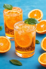 Refreshing citrus drinks with ice surrounded by fresh orange slices and green leaves