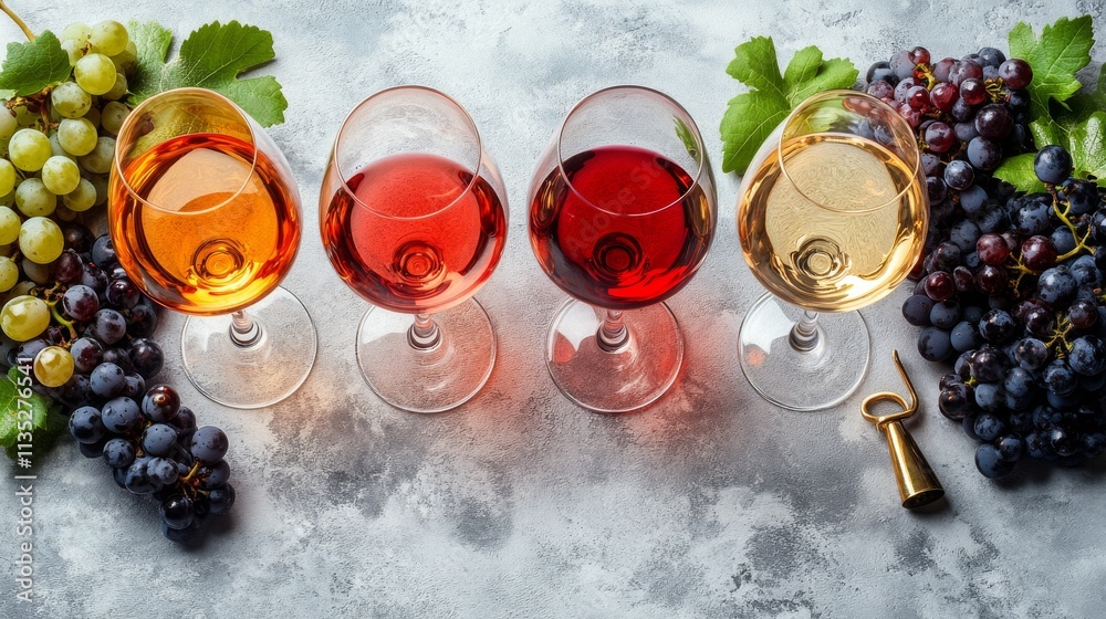 Poster Four types of wine served in elegant glasses with fresh grapes on a textured surface