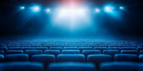 Fototapeta premium An empty theater with rows of seats, illuminated by stage lights creating a dramatic blue ambiance. Concept Empty Theater Atmosphere, Dramatic Stage Lighting, Blue Ambiance