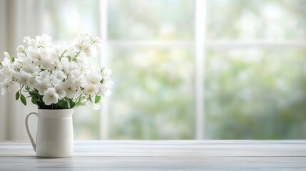 Fresh white flowers in a vase placed on a wooden table beside a softly lit window