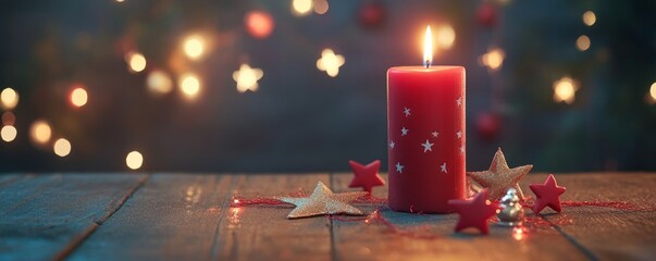 A festive scene showing a red candle adorned with stars, surrounded by glittering gold decorations with a soft, blurry bokeh background of star-shaped lights.