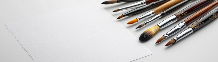Fototapeta premium Traditional calligraphy brushes with ornate handles, laid neatly on a clean white surface alongside a blank sheet of paper