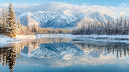 Fototapeta premium Nearly perfect reflections of the Rocky Mountains on the Bow River near Canmore, Alberta, depicting the beauty of winter landscapes.