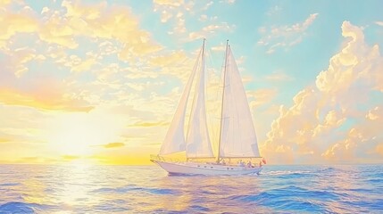 Fototapeta premium A serene sunset scene featuring a sailboat on calm waters.