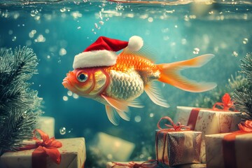 Christmas Gifts Surround Goldfish with Santa hat in Water